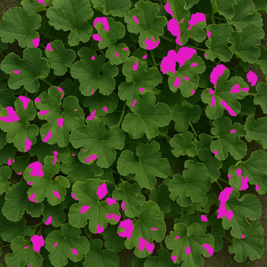 Dense geranium foliage with AI-detected areas highlighted in magenta